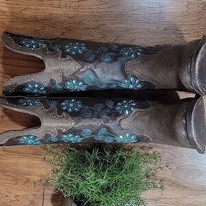 Brown Leather Cowboy Boots with Turquoise Floral Embroidery 6